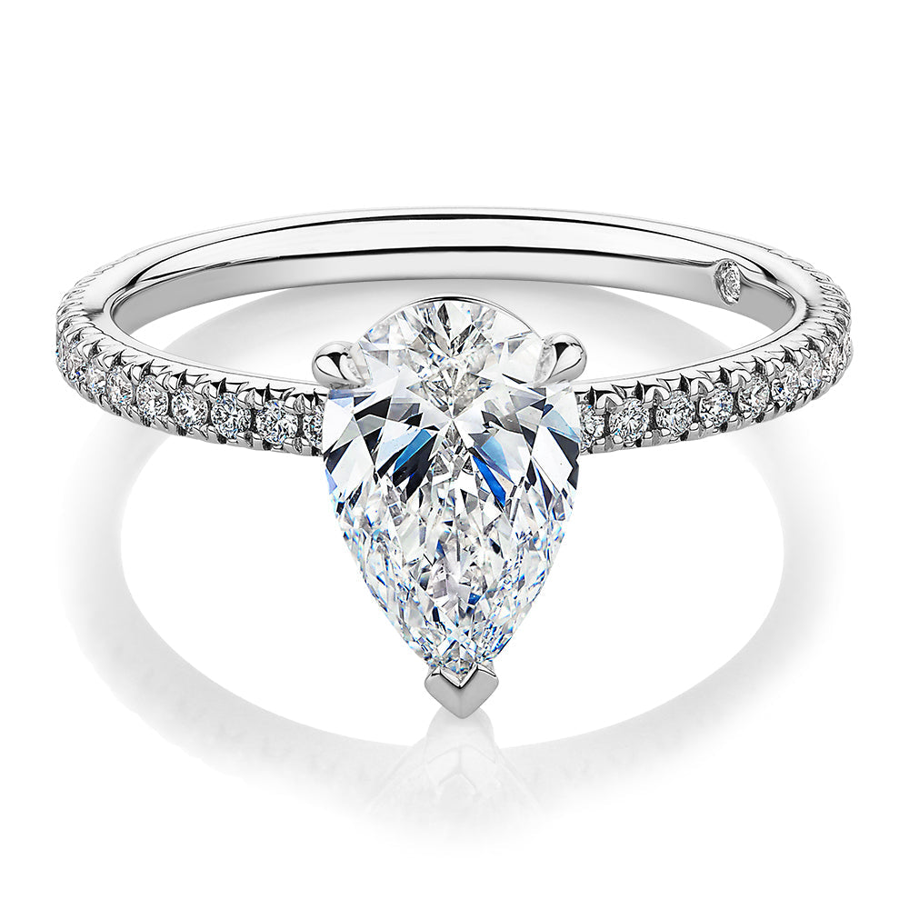 Signature Simulant Diamond 1.74 carat* TW pear and round brilliant shouldered engagement ring in 10 carat white gold