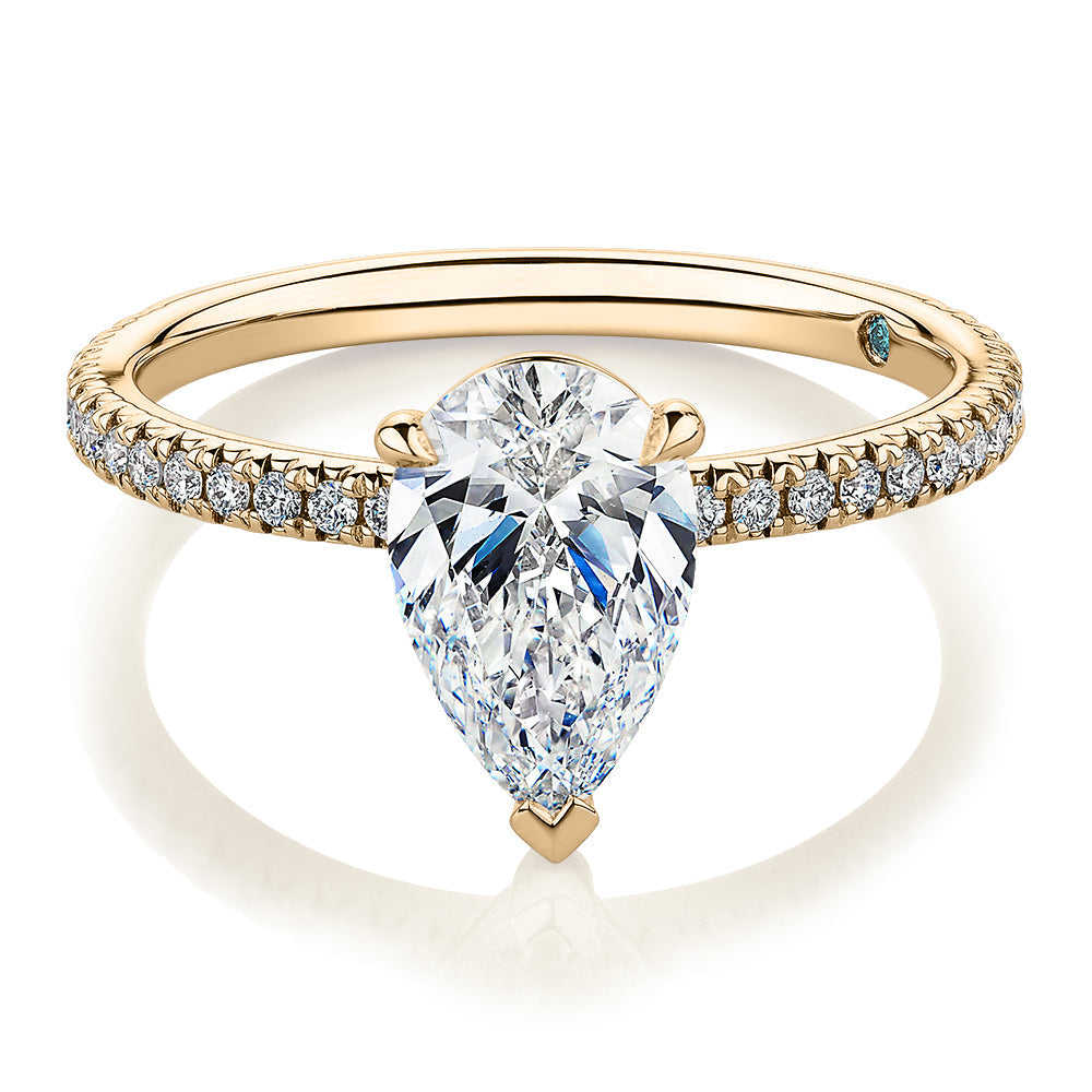 Premium Certified Lab-Grown Diamond, 1.74 carat TW pear and round brilliant shouldered engagement ring in 14 carat yellow gold