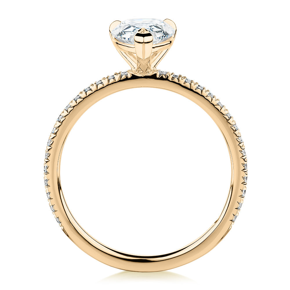 Premium Certified Lab-Grown Diamond, 1.74 carat TW pear and round brilliant shouldered engagement ring in 14 carat yellow gold