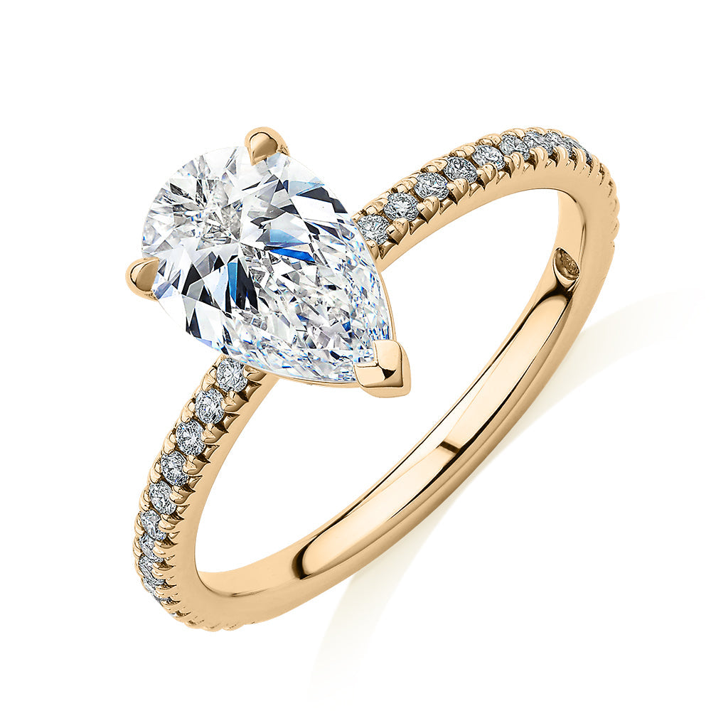 Premium Certified Lab-Grown Diamond, 1.74 carat TW pear and round brilliant shouldered engagement ring in 14 carat yellow gold