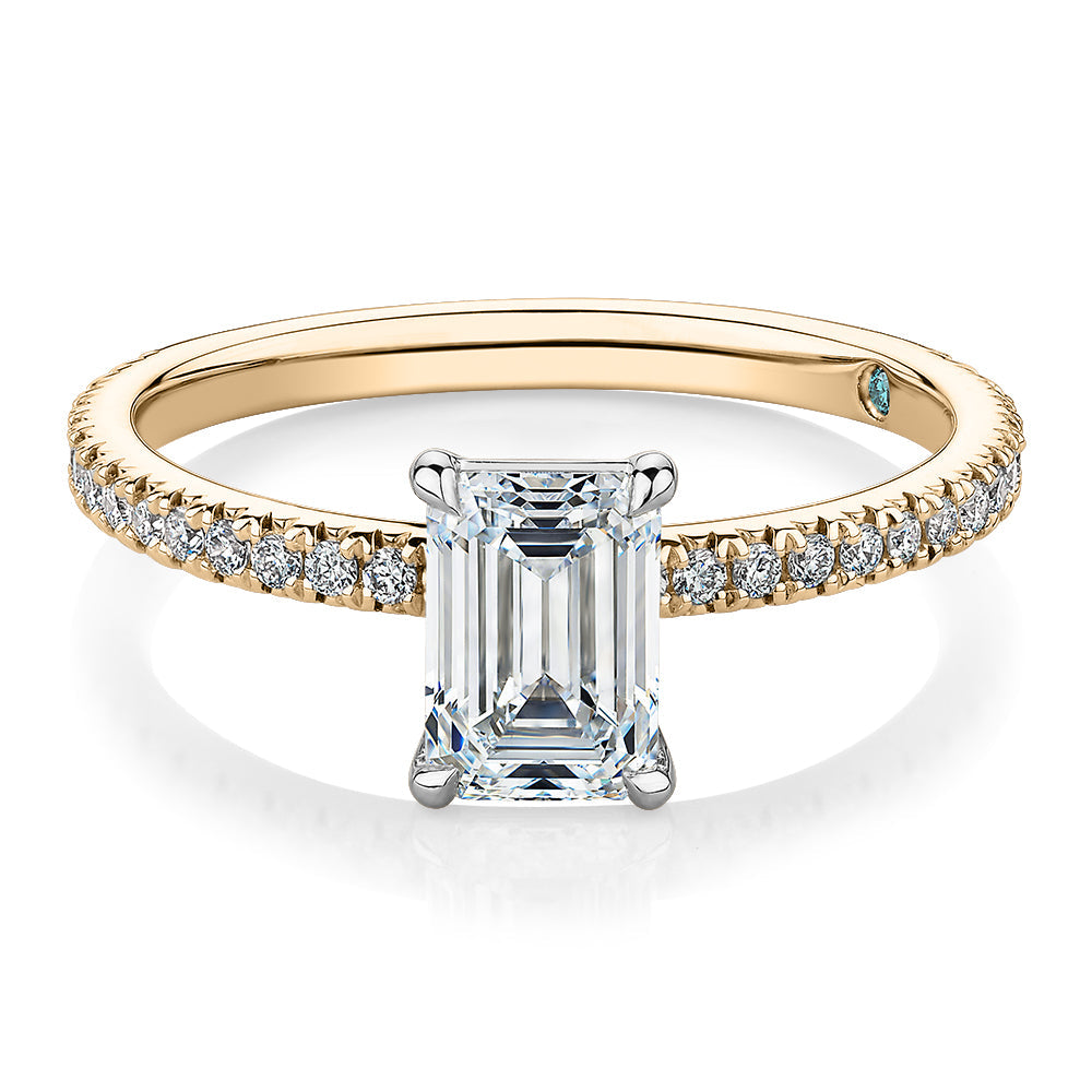 Premium Certified Lab-Grown Diamond, 1.24 carat TW emerald cut and round brilliant shouldered engagement ring in 14 carat yellow and white gold