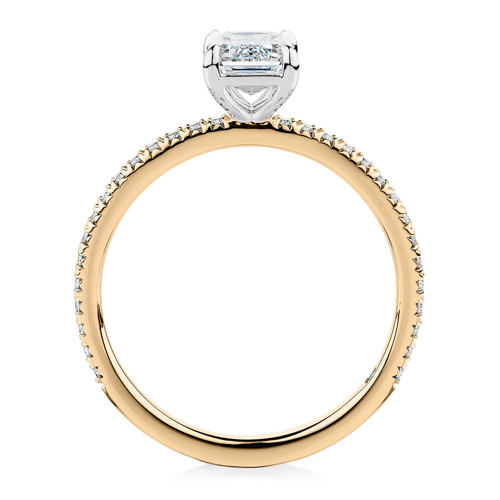 Premium Certified Lab-Grown Diamond, 1.24 carat TW emerald cut and round brilliant shouldered engagement ring in 14 carat yellow and white gold