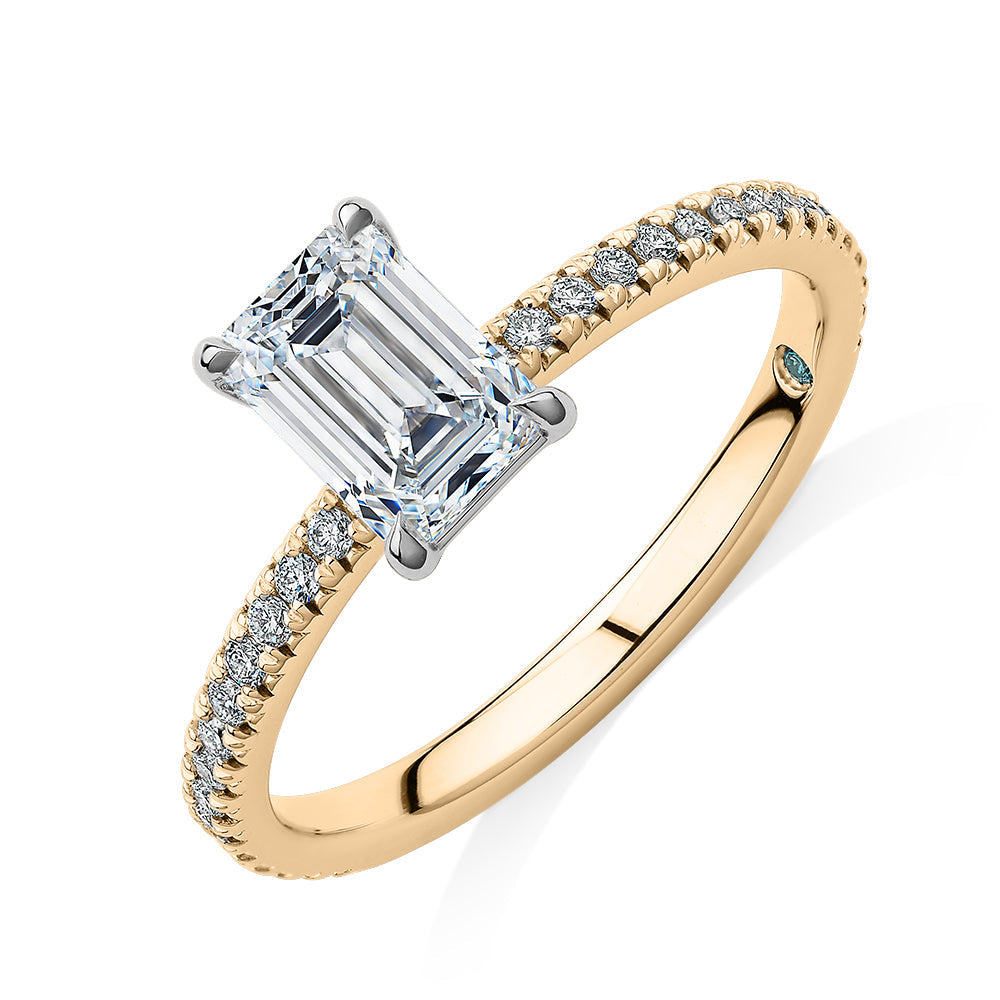 Premium Certified Lab-Grown Diamond, 1.24 carat TW emerald cut and round brilliant shouldered engagement ring in 14 carat yellow and white gold