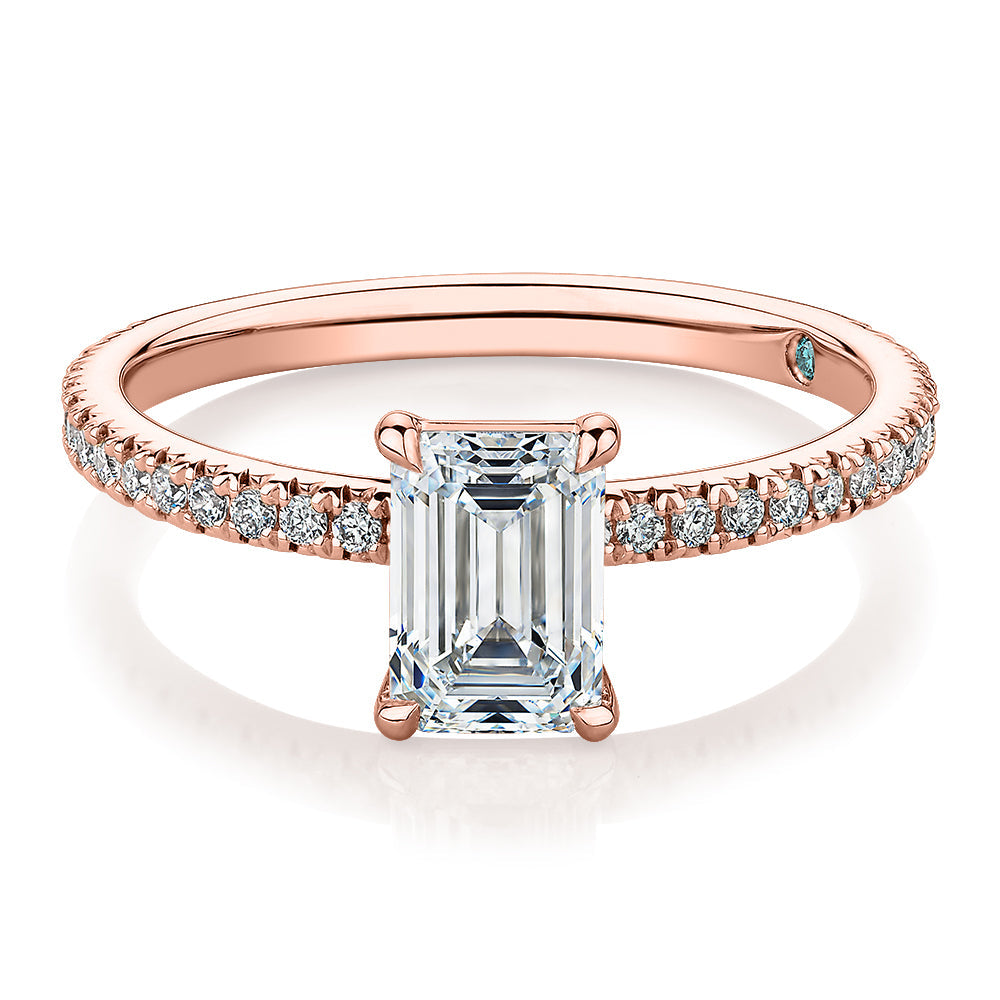 Premium Certified Lab-Grown Diamond, 1.24 carat TW emerald cut and round brilliant shouldered engagement ring in 14 carat rose gold