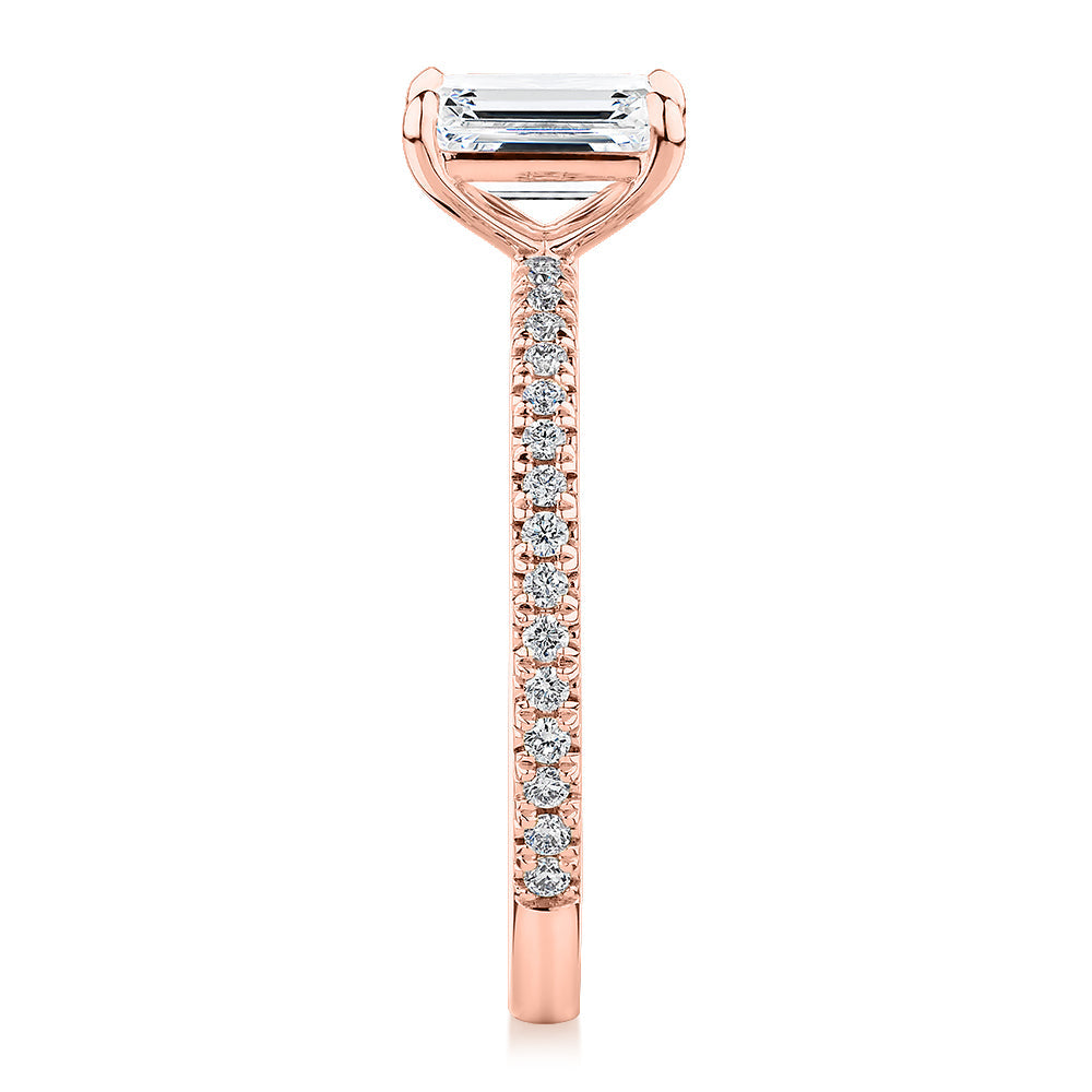 Premium Certified Lab-Grown Diamond, 1.24 carat TW emerald cut and round brilliant shouldered engagement ring in 14 carat rose gold