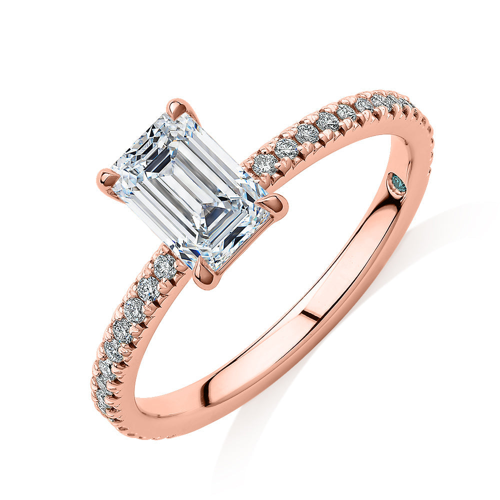 Premium Certified Lab-Grown Diamond, 1.24 carat TW emerald cut and round brilliant shouldered engagement ring in 14 carat rose gold