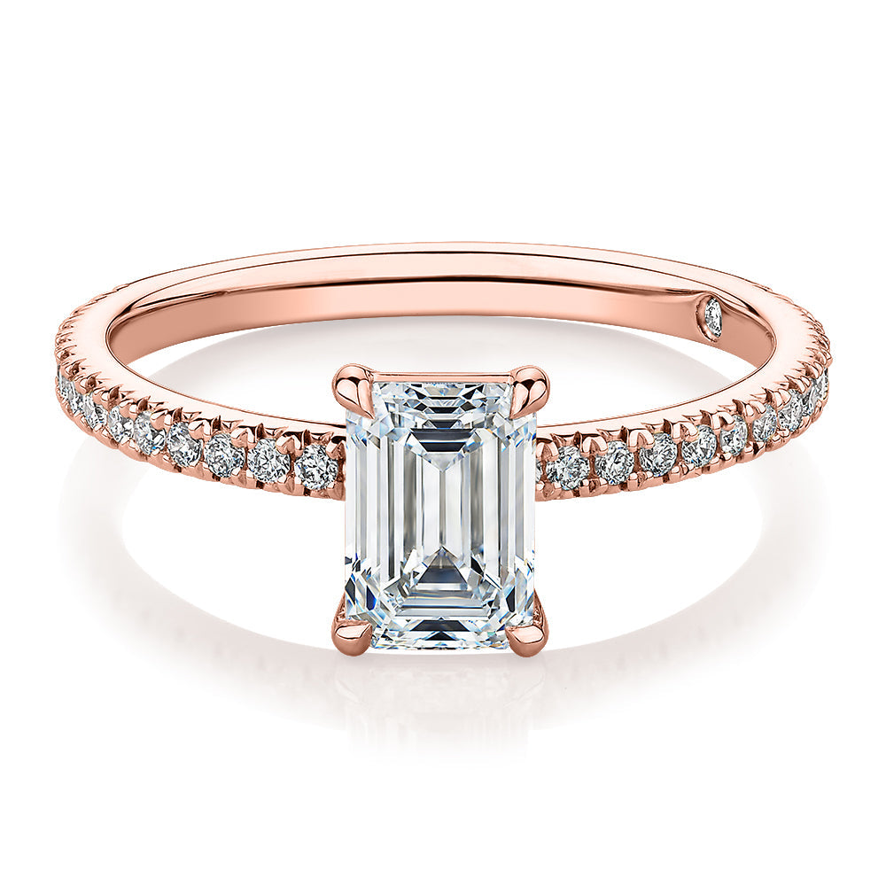 Signature Simulant Diamond 1.24 carat* TW emerald cut and round brilliant shouldered engagement ring in 10 carat rose gold