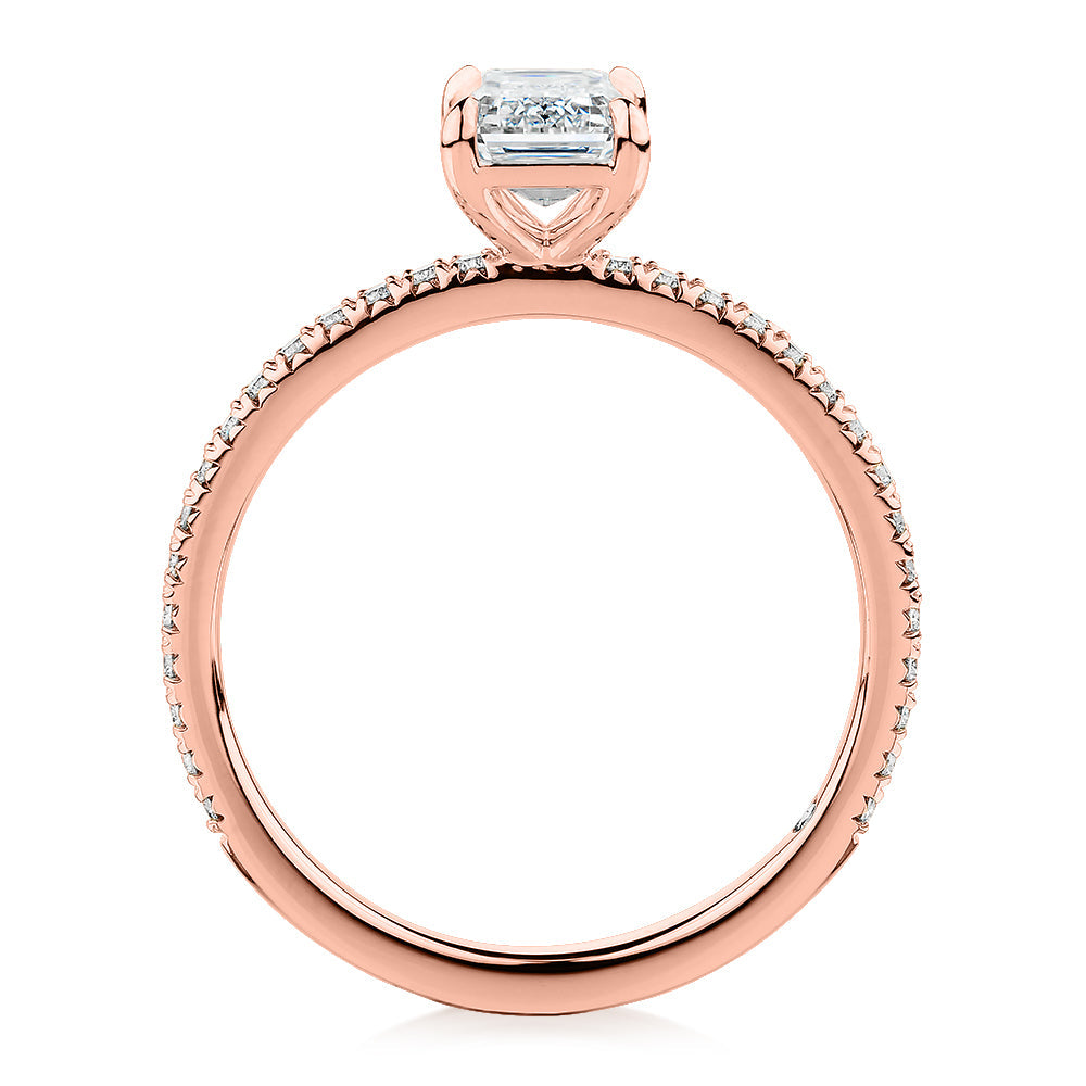 Signature Simulant Diamond 1.24 carat* TW emerald cut and round brilliant shouldered engagement ring in 10 carat rose gold