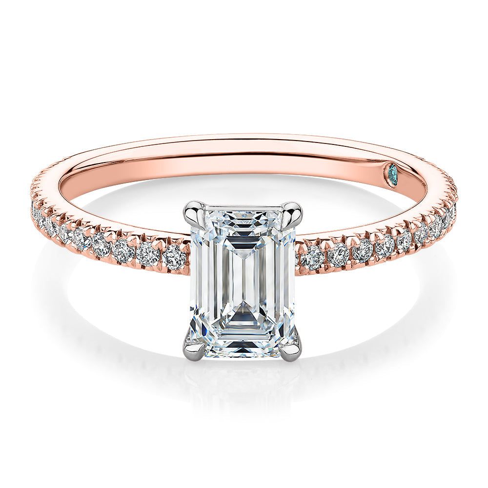 Premium Certified Laboratory Created Diamond, 1.24 carat TW emerald cut and round brilliant shouldered engagement ring in 18 carat rose and white gold