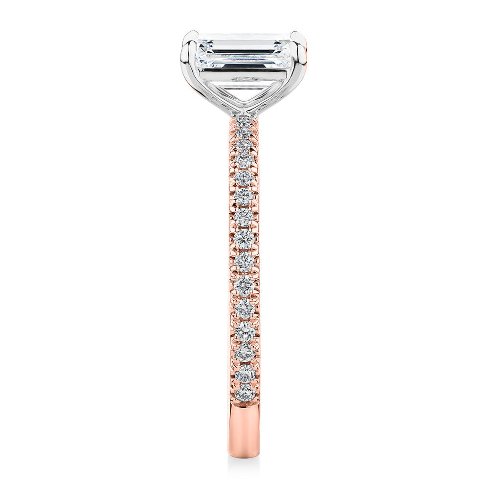 Premium Certified Laboratory Created Diamond, 1.24 carat TW emerald cut and round brilliant shouldered engagement ring in 18 carat rose and white gold