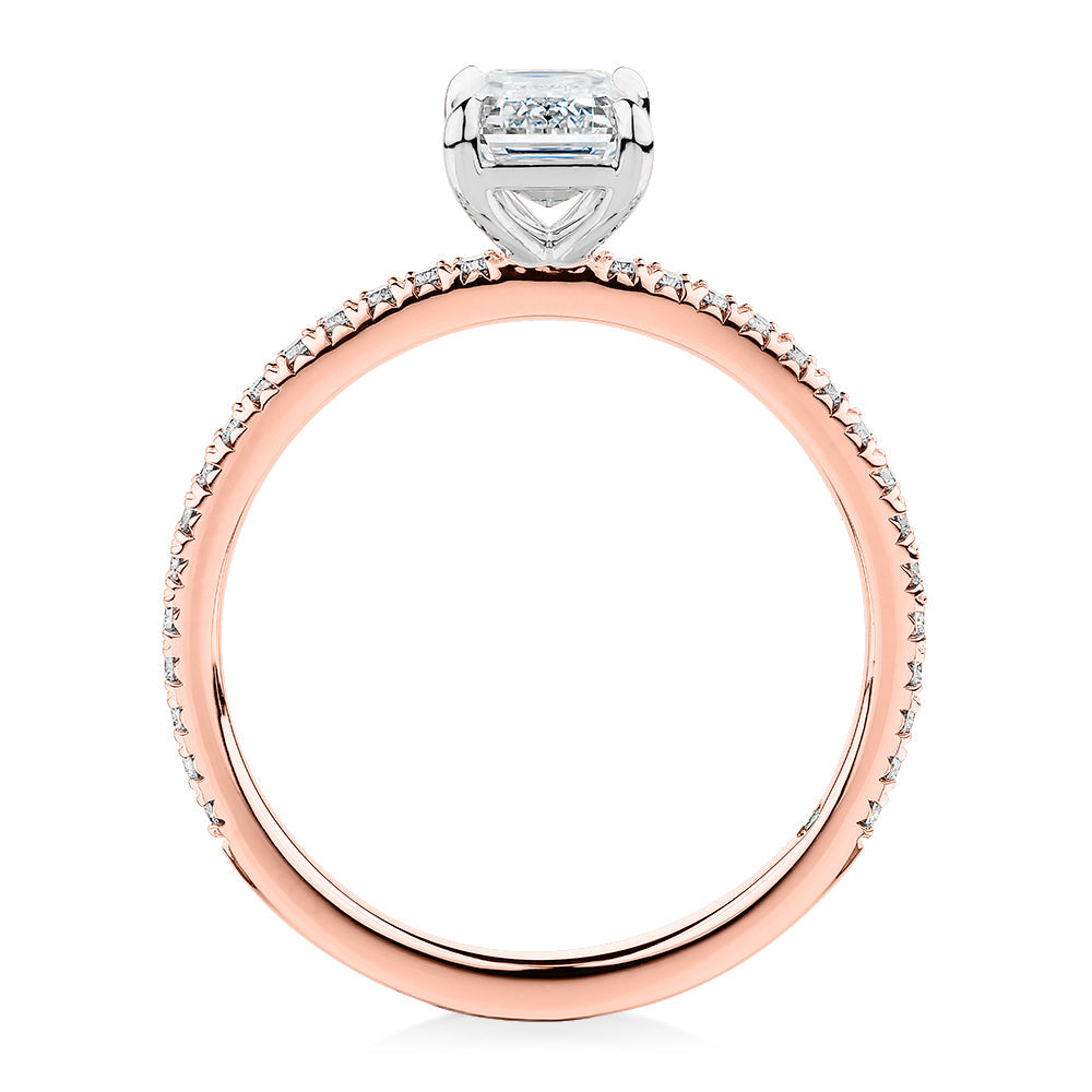 Premium Certified Lab-Grown Diamond, 1.24 carat TW emerald cut and round brilliant shouldered engagement ring in 14 carat rose and white gold