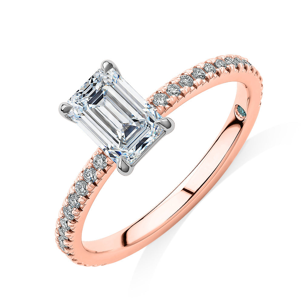 Premium Certified Lab-Grown Diamond, 1.24 carat TW emerald cut and round brilliant shouldered engagement ring in 14 carat rose and white gold