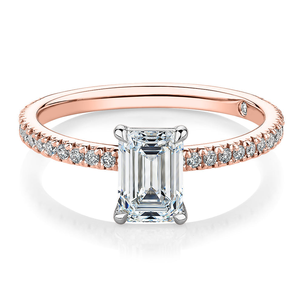Signature Simulant Diamond 1.24 carat* TW emerald cut and round brilliant shouldered engagement ring in 10 carat rose and white gold