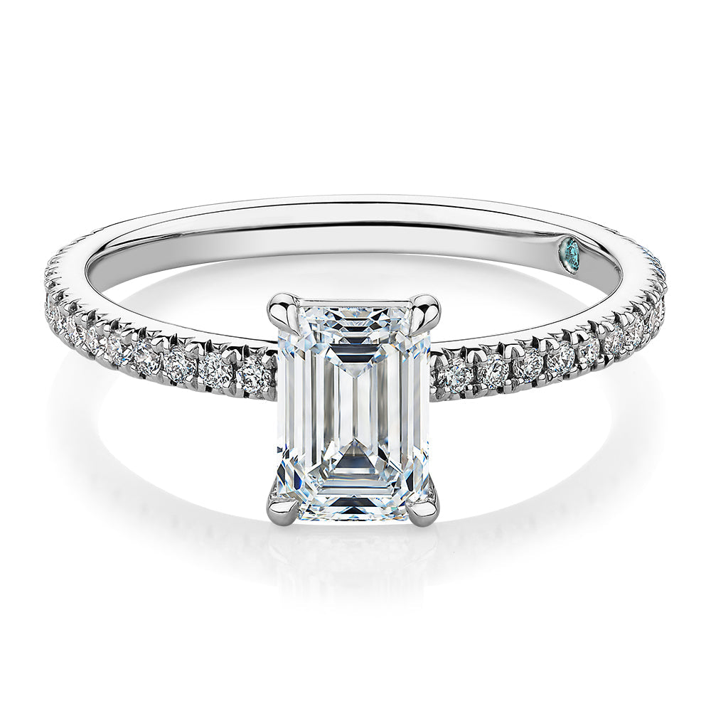 Premium Certified Lab-Grown Diamond, 1.24 carat TW emerald cut and round brilliant shouldered engagement ring in platinum