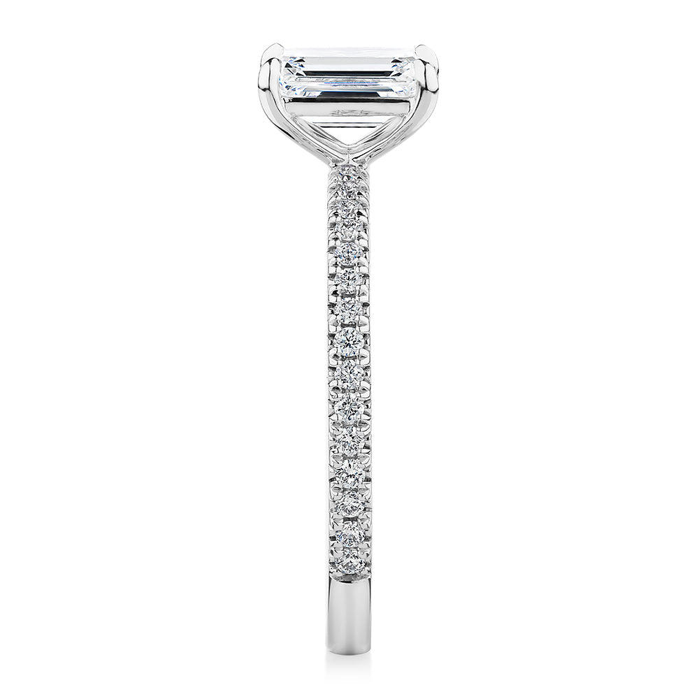 Premium Certified Lab-Grown Diamond, 1.24 carat TW emerald cut and round brilliant shouldered engagement ring in 18 carat white gold