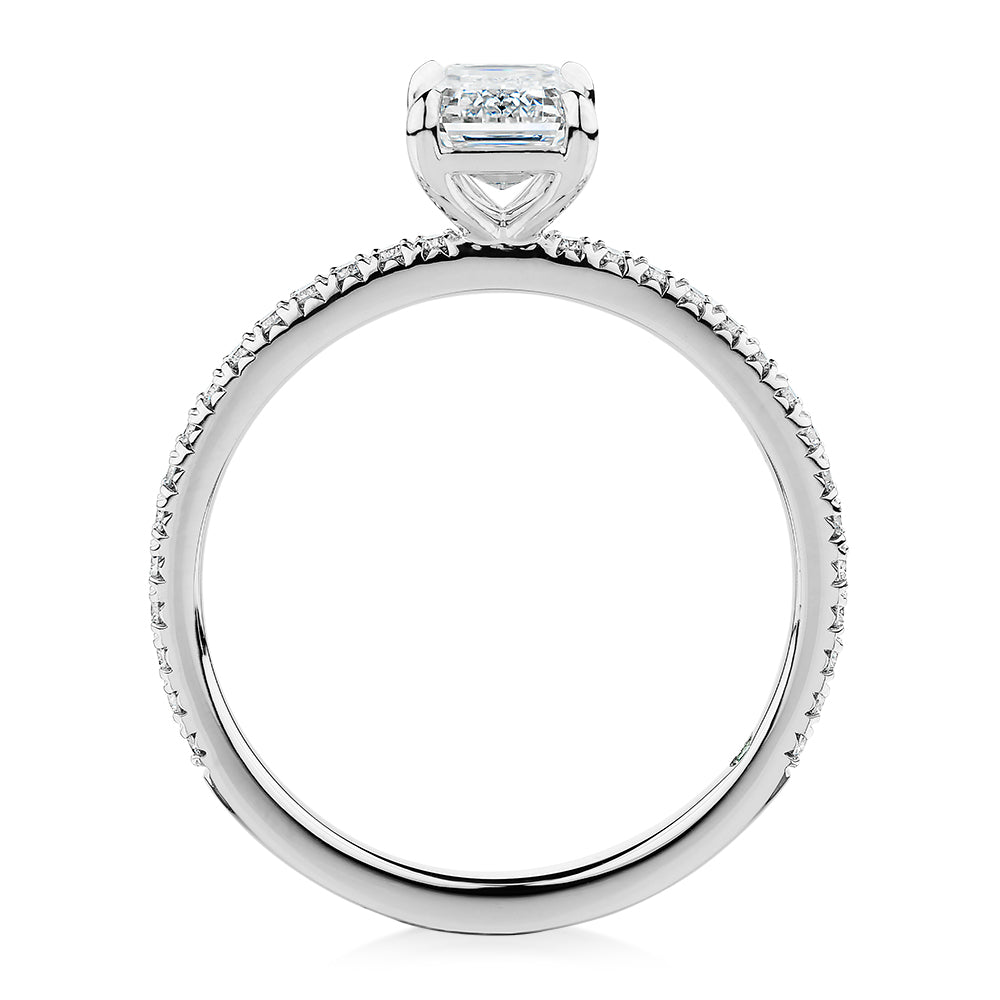 Premium Certified Lab-Grown Diamond, 1.24 carat TW emerald cut and round brilliant shouldered engagement ring in platinum