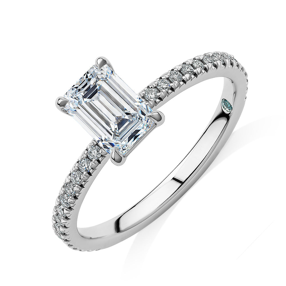 Premium Certified Lab-Grown Diamond, 1.24 carat TW emerald cut and round brilliant shouldered engagement ring in platinum