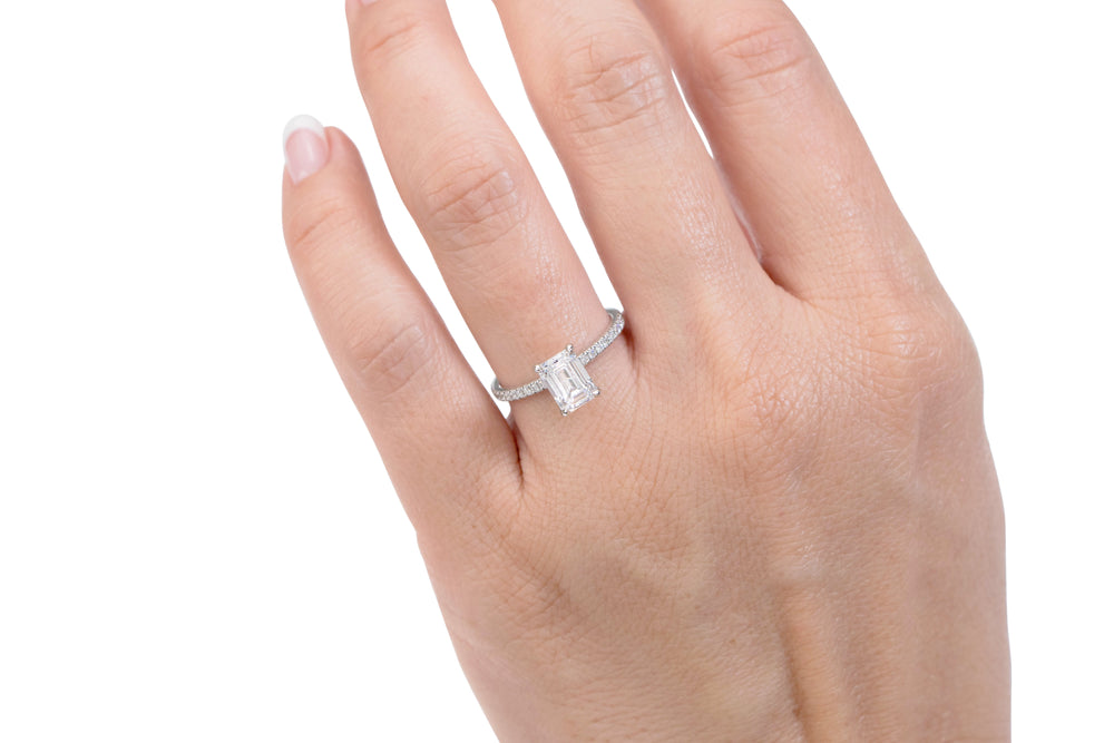 Signature Simulant Diamond 1.24 carat* TW emerald cut and round brilliant shouldered engagement ring in 10 carat white gold