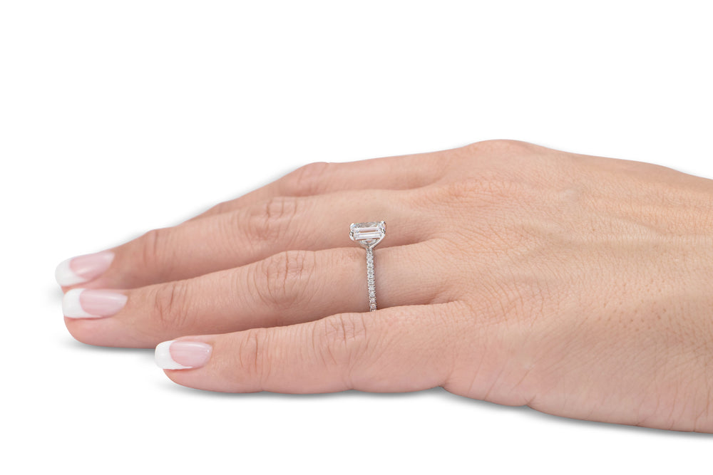 Signature Simulant Diamond 1.24 carat* TW emerald cut and round brilliant shouldered engagement ring in 10 carat white gold