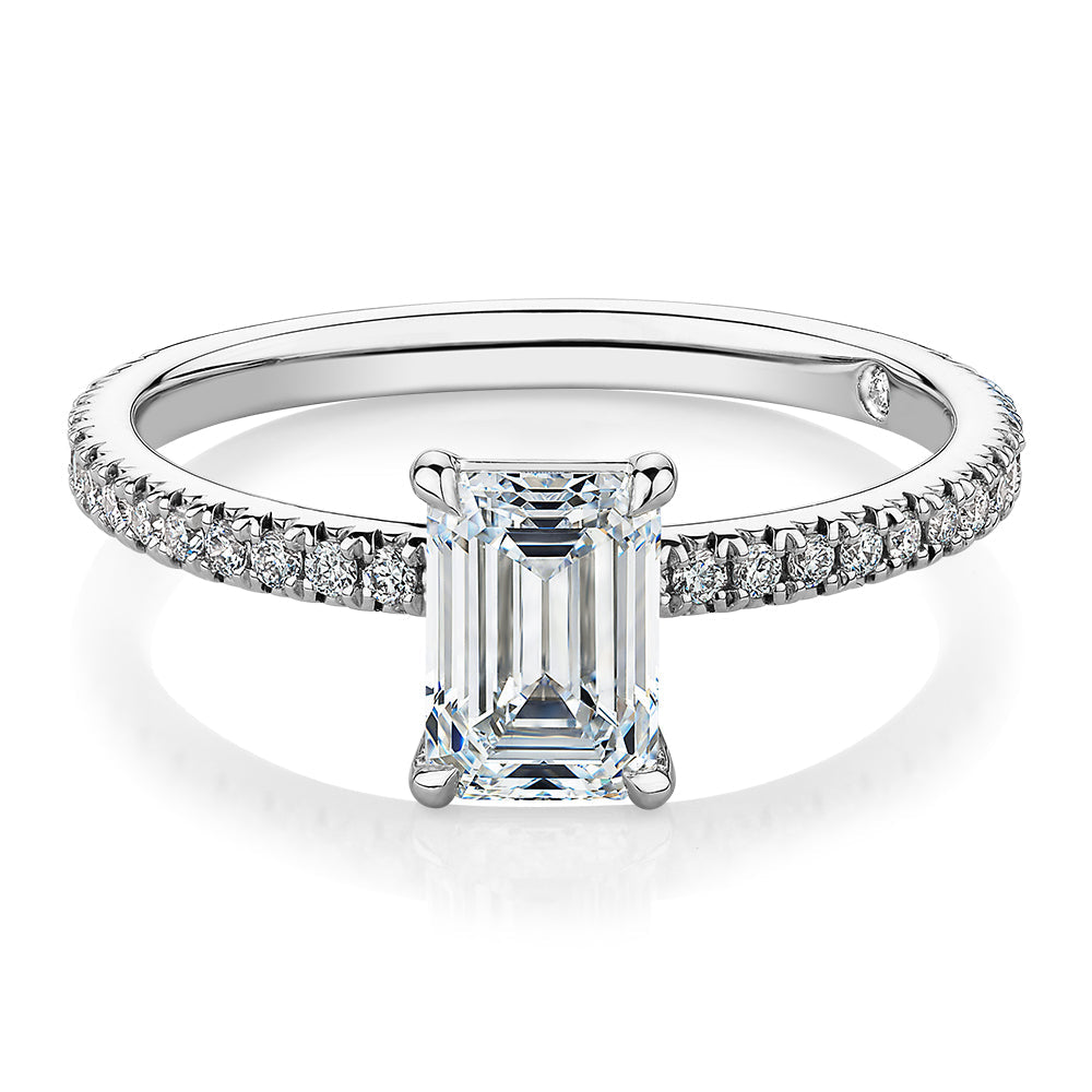 Signature Simulant Diamond 1.24 carat* TW emerald cut and round brilliant shouldered engagement ring in 10 carat white gold