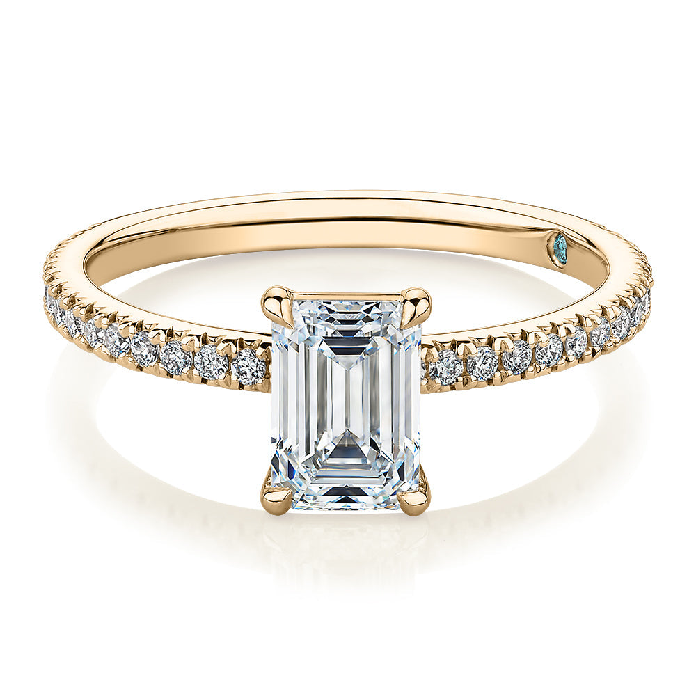 Premium Certified Lab-Grown Diamond, 1.24 carat TW emerald cut and round brilliant shouldered engagement ring in 14 carat yellow gold