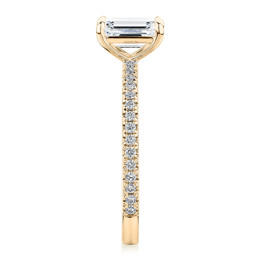 Premium Certified Lab-Grown Diamond, 1.24 carat TW emerald cut and round brilliant shouldered engagement ring in 14 carat yellow gold