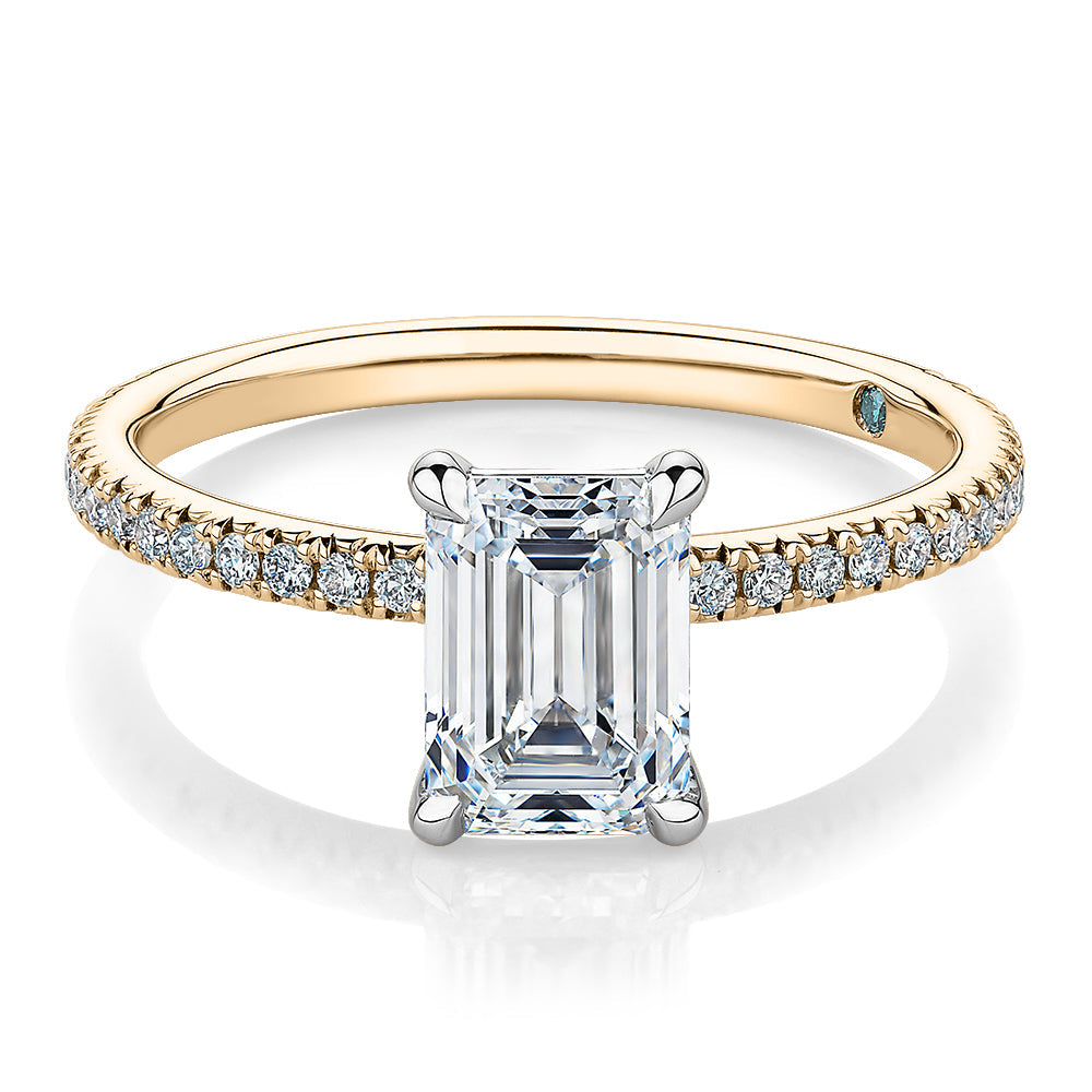 Premium Certified Lab-Grown Diamond, 1.74 carat TW emerald cut and round brilliant shouldered engagement ring in 14 carat yellow and white gold
