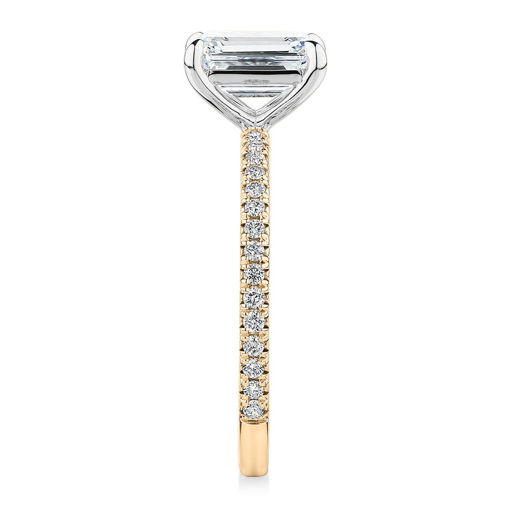 Premium Certified Lab-Grown Diamond, 1.74 carat TW emerald cut and round brilliant shouldered engagement ring in 14 carat yellow and white gold