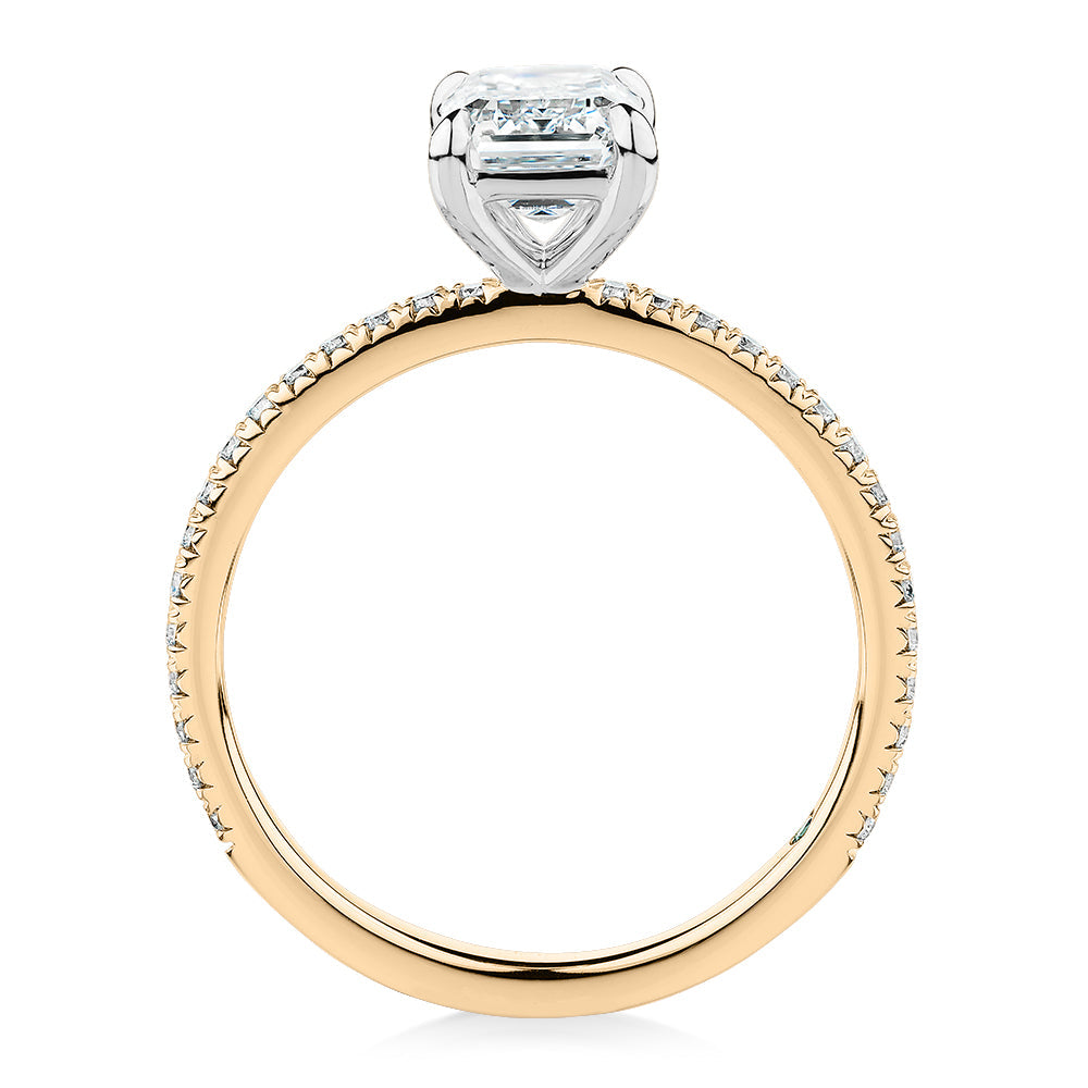 Premium Certified Lab-Grown Diamond, 1.74 carat TW emerald cut and round brilliant shouldered engagement ring in 14 carat yellow and white gold
