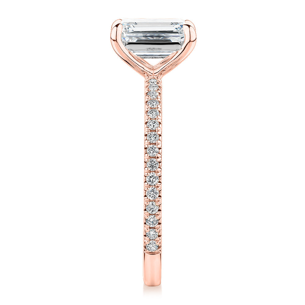 Premium Certified Lab-Grown Diamond, 1.74 carat TW emerald cut and round brilliant shouldered engagement ring in 14 carat rose gold