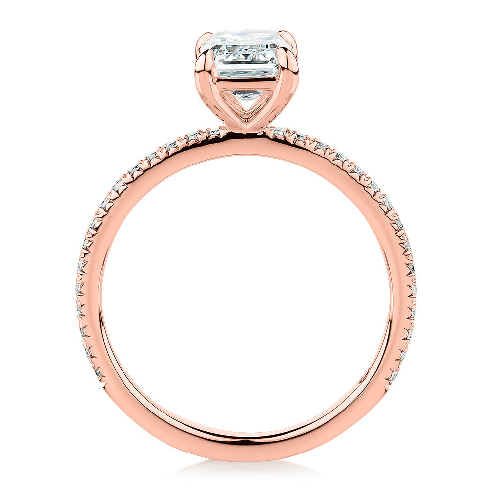Premium Certified Lab-Grown Diamond, 1.74 carat TW emerald cut and round brilliant shouldered engagement ring in 14 carat rose gold