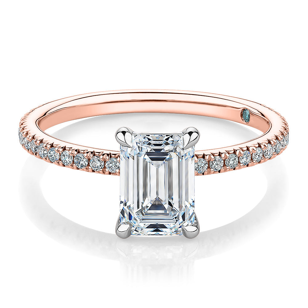 Premium Certified Lab-Grown Diamond, 1.74 carat TW emerald cut and round brilliant shouldered engagement ring in 14 carat rose and white gold