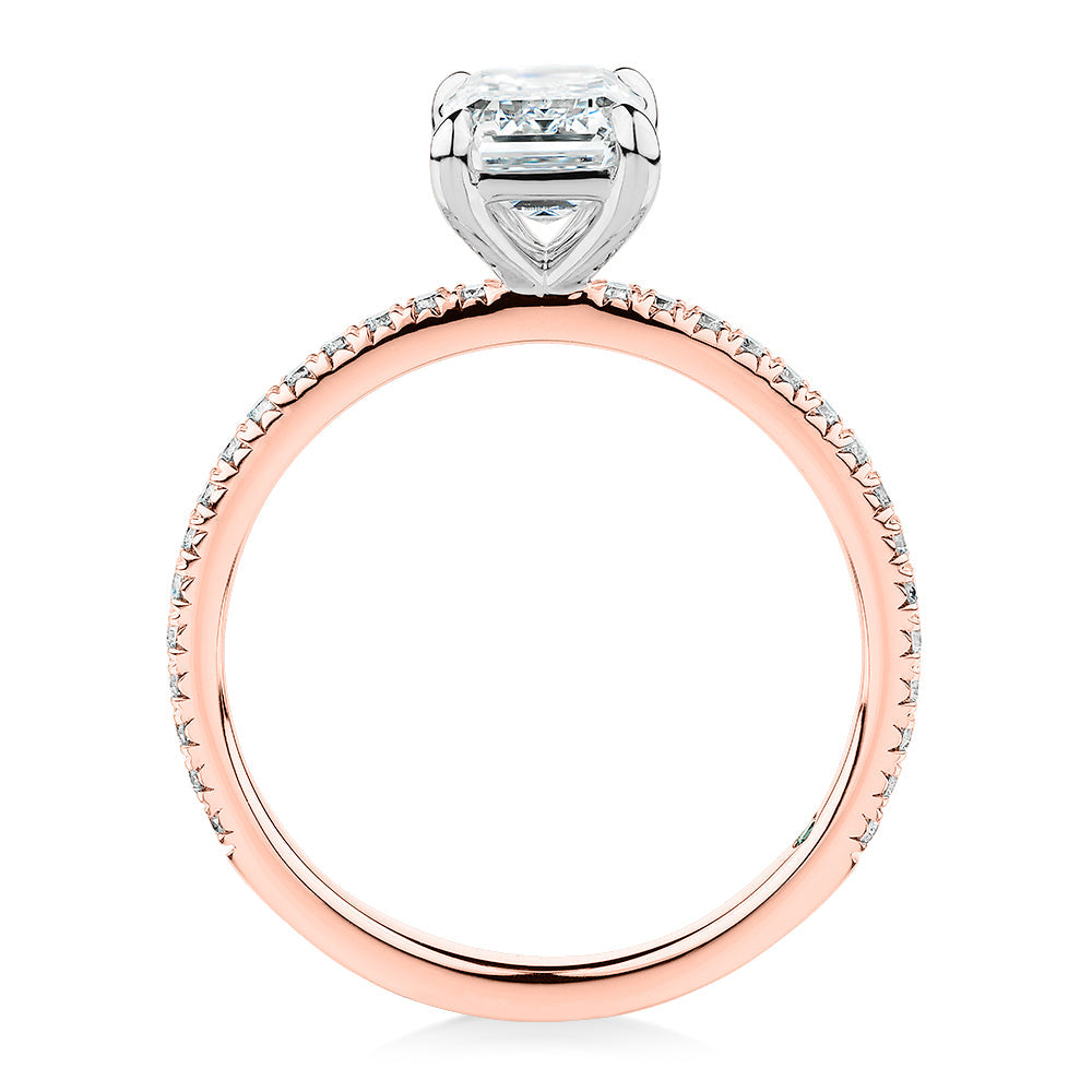 Premium Certified Lab-Grown Diamond, 1.74 carat TW emerald cut and round brilliant shouldered engagement ring in 14 carat rose and white gold