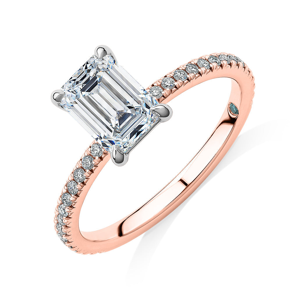 Premium Certified Lab-Grown Diamond, 1.74 carat TW emerald cut and round brilliant shouldered engagement ring in 14 carat rose and white gold