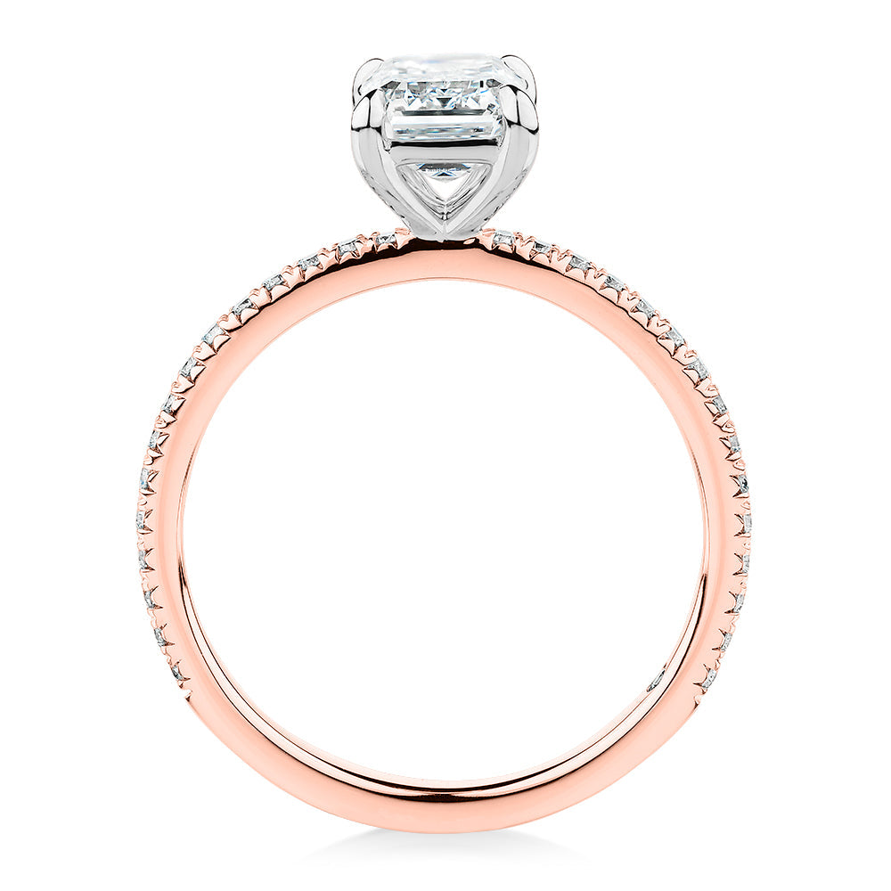 Signature Simulant Diamond 1.74 carat* TW emerald cut and round brilliant shouldered engagement ring in 10 carat rose and white gold