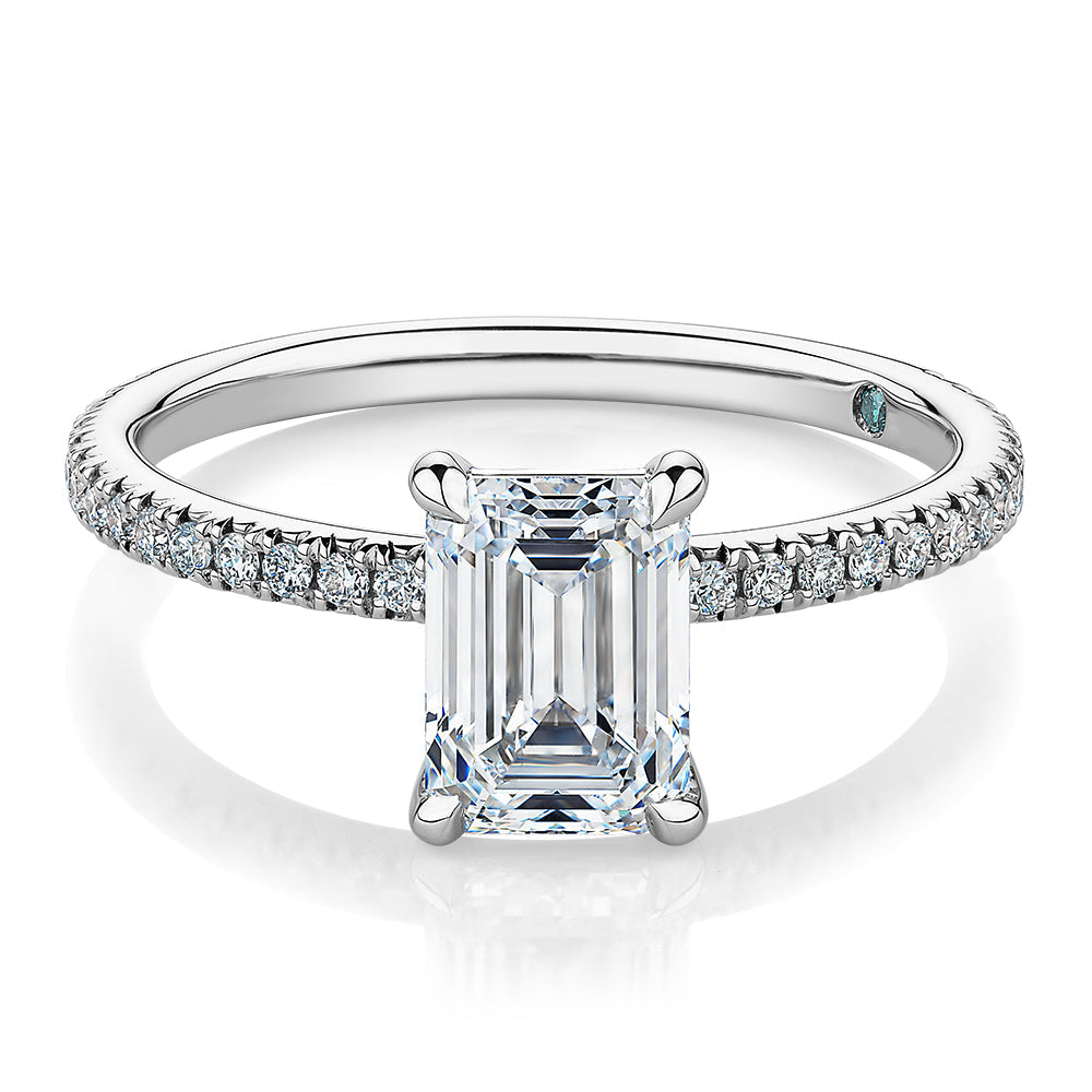 Premium Certified Lab-Grown Diamond, 1.74 carat TW emerald cut and round brilliant shouldered engagement ring in 14 carat white gold