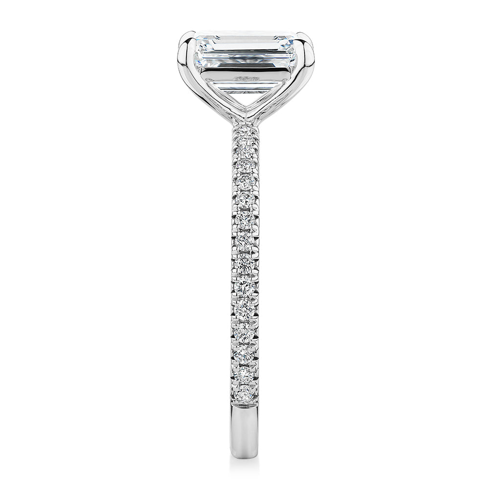 Premium Certified Lab-Grown Diamond, 1.74 carat TW emerald cut and round brilliant shouldered engagement ring in 18 carat white gold