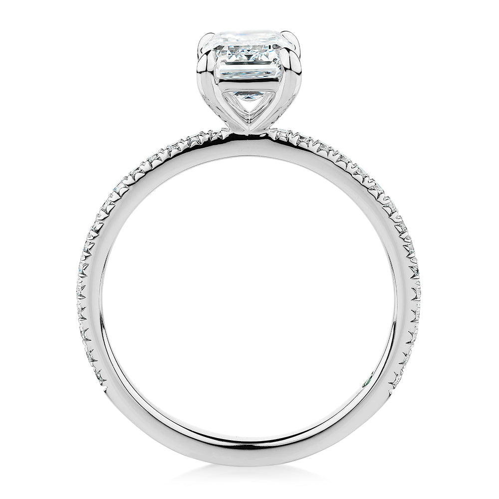 Premium Certified Lab-Grown Diamond, 1.74 carat TW emerald cut and round brilliant shouldered engagement ring in 14 carat white gold