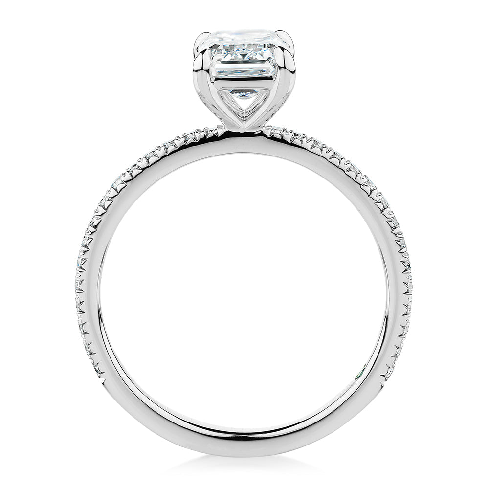 Premium Certified Lab-Grown Diamond, 1.74 carat TW emerald cut and round brilliant shouldered engagement ring in platinum