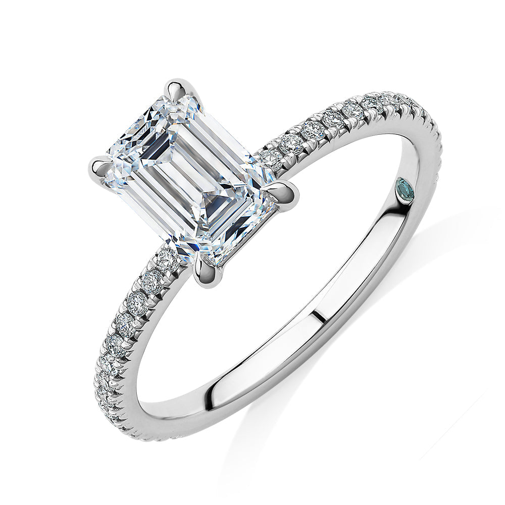 Premium Certified Lab-Grown Diamond, 1.74 carat TW emerald cut and round brilliant shouldered engagement ring in 18 carat white gold
