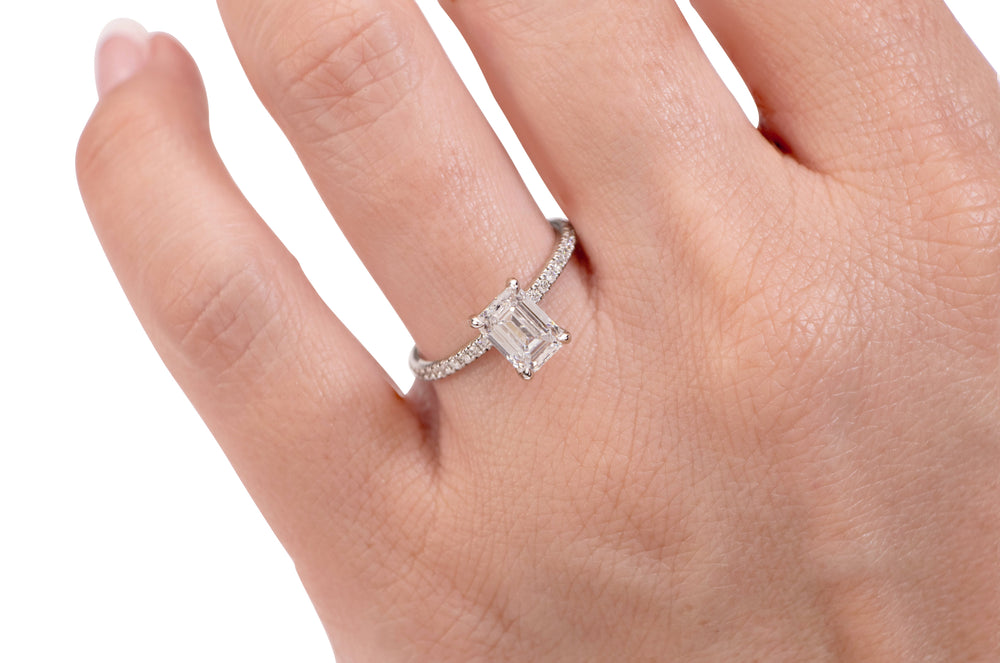 Premium Certified Lab-Grown Diamond, 1.74 carat TW emerald cut and round brilliant shouldered engagement ring in 14 carat white gold