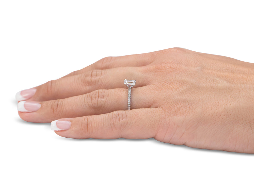 Signature Simulant Diamond 1.74 carat* TW emerald cut and round brilliant shouldered engagement ring in 10 carat white gold