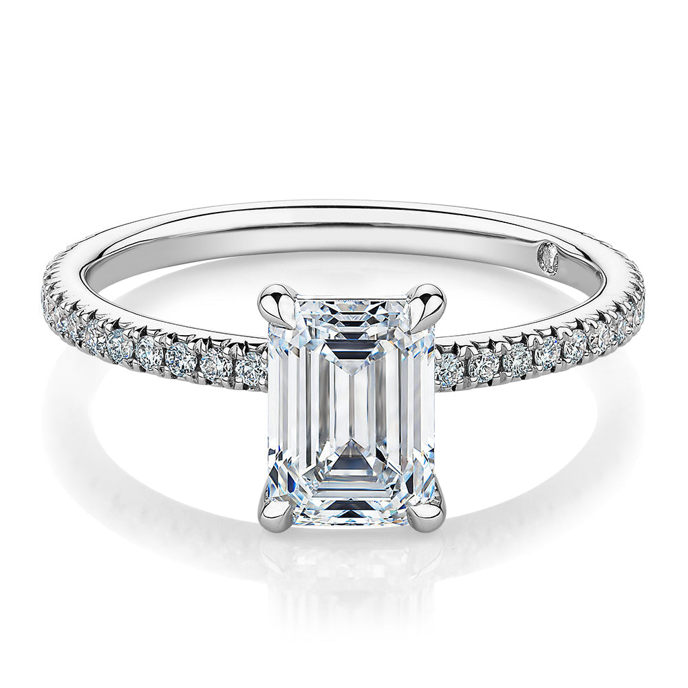 Signature Simulant Diamond 1.74 carat* TW emerald cut and round brilliant shouldered engagement ring in 10 carat white gold