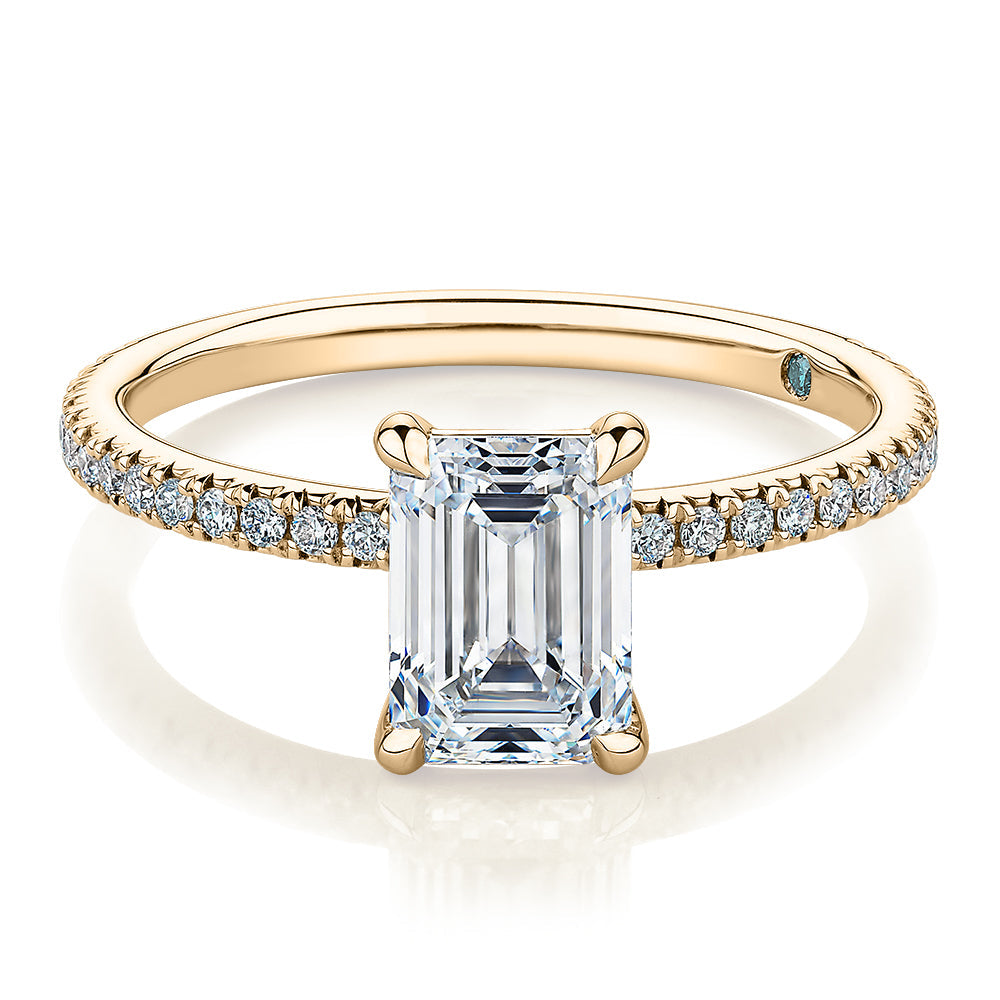 Premium Certified Lab-Grown Diamond, 1.74 carat TW emerald cut and round brilliant shouldered engagement ring in 14 carat yellow gold