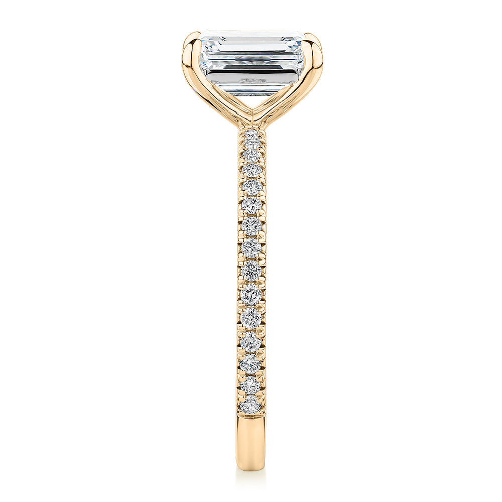 Premium Certified Laboratory Created Diamond, 1.74 carat TW emerald cut and round brilliant shouldered engagement ring in 18 carat yellow gold