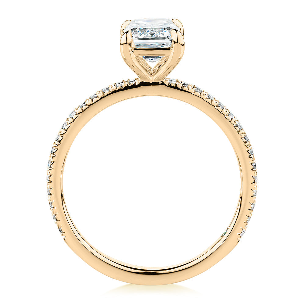 Premium Certified Lab-Grown Diamond, 1.74 carat TW emerald cut and round brilliant shouldered engagement ring in 14 carat yellow gold