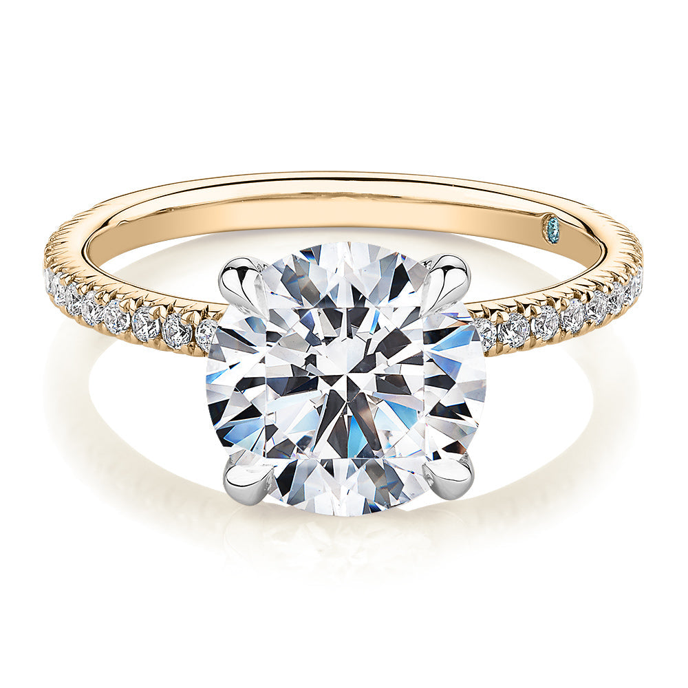Premium Certified Lab-Grown Diamond, 3.24 carat TW round brilliant shouldered engagement ring in 14 carat yellow and white gold