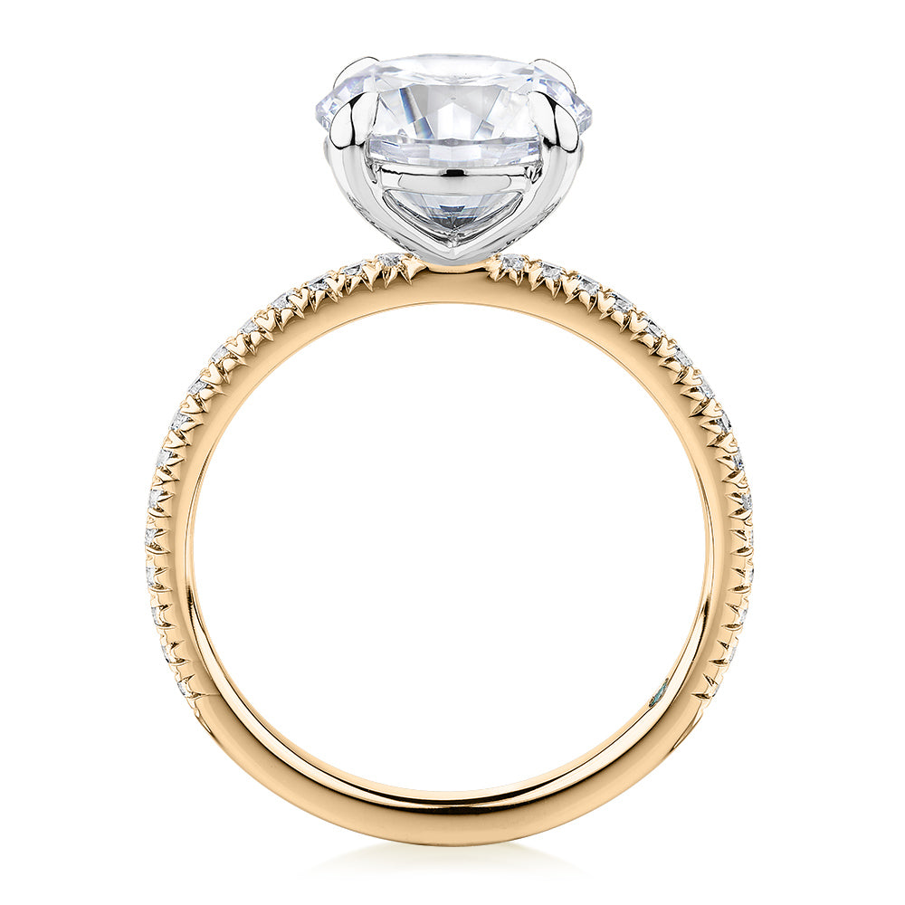Premium Certified Lab-Grown Diamond, 3.24 carat TW round brilliant shouldered engagement ring in 14 carat yellow and white gold