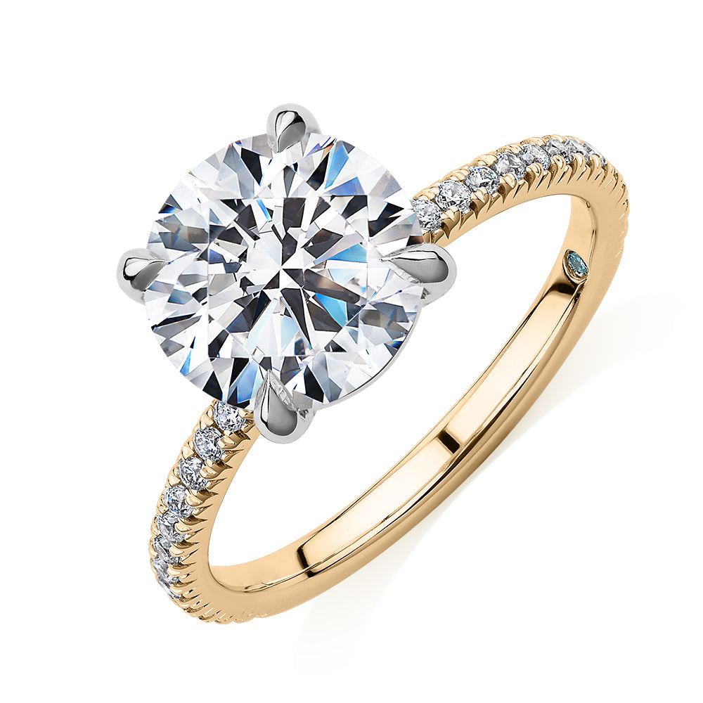 Premium Certified Lab-Grown Diamond, 3.24 carat TW round brilliant shouldered engagement ring in 14 carat yellow and white gold