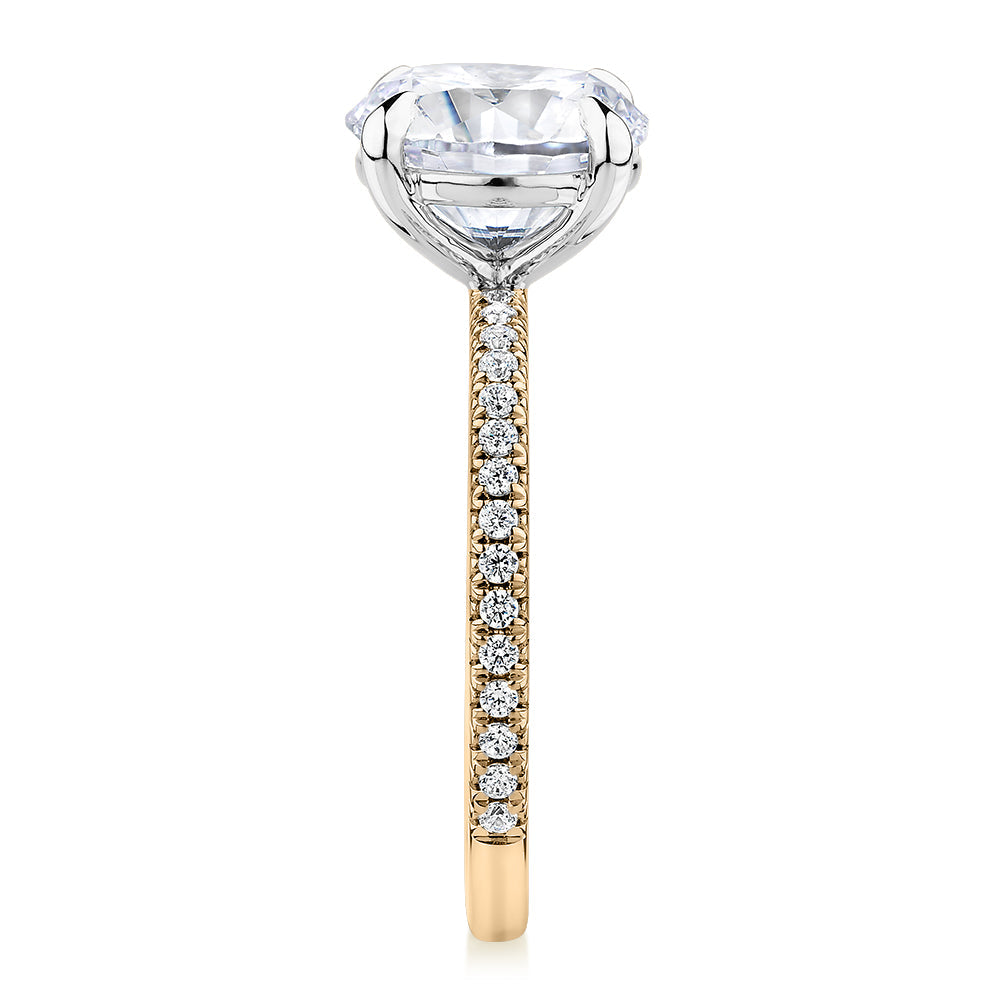 Signature Simulant Diamond 3.24 carat* TW round brilliant shouldered engagement ring in 14 carat yellow and white gold